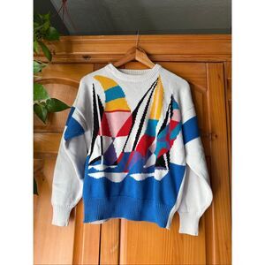 Vintage Capricci Sailboat Sweater 80s Nautical Knit Size M